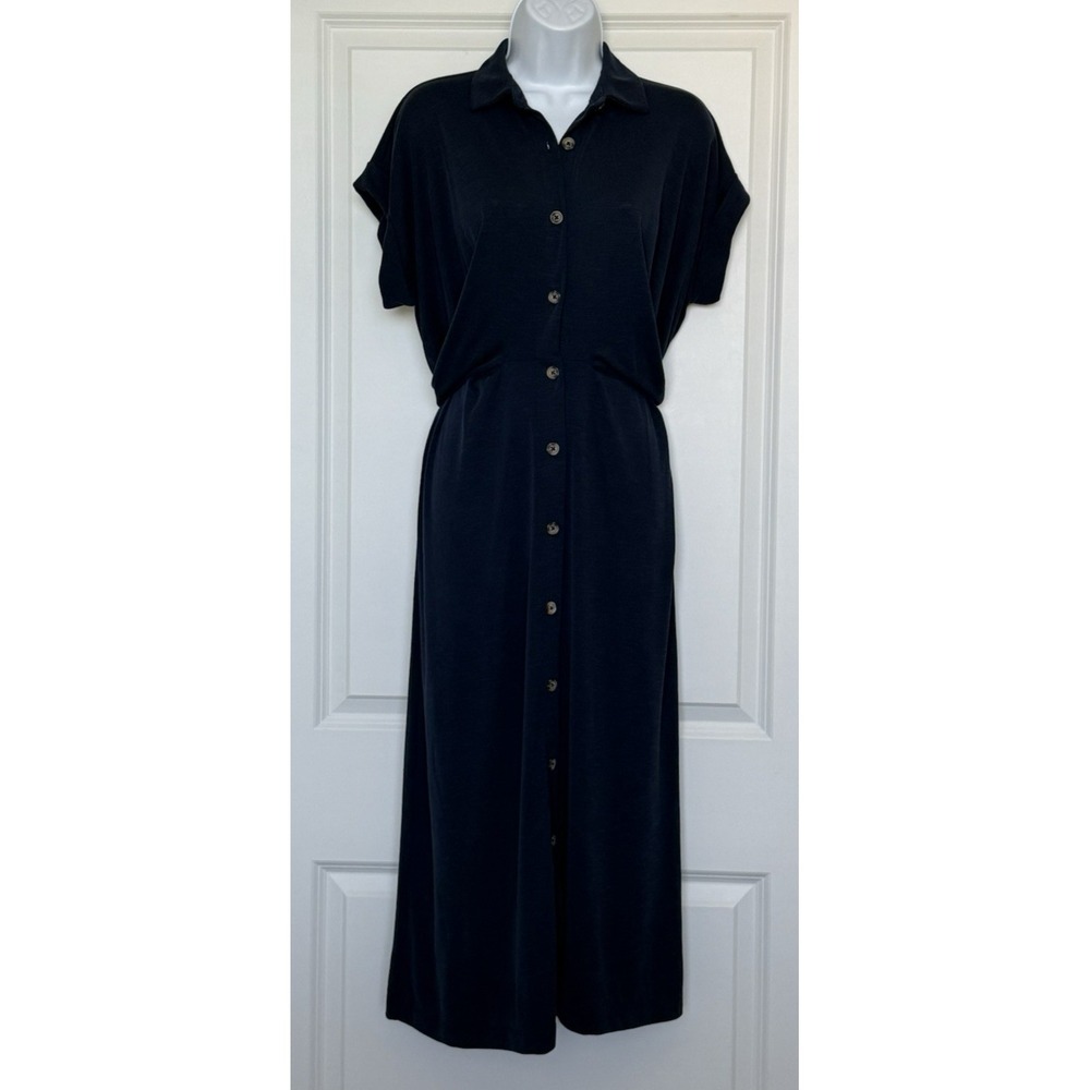 Ann Taylor LOFT Full Button Twist Tie Waist Stretch Shirt Midi Dress Navy Sz 10P - Picture 4 of 13